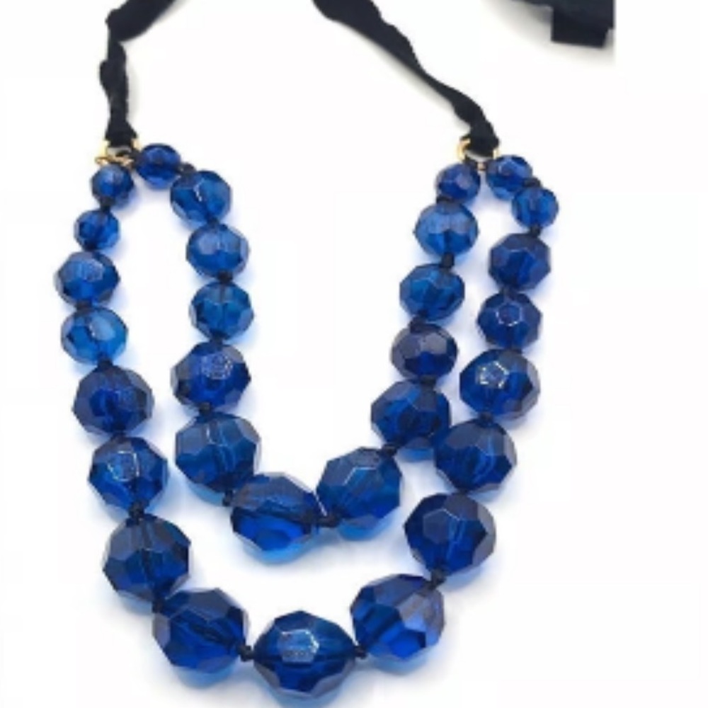 J.Crew Sea Ocean Blue 2-Strand Acrylic Beads Black Ribbon Necklace 30" Faceted